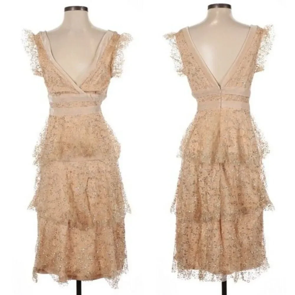 Lulus Stunning Love Nude and Gold Glitter Tiered Midi Dress Size Small